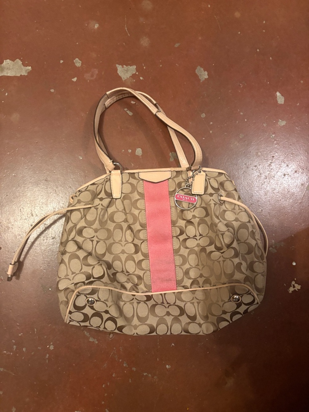 Coach Beige Signature Tote with Pink Center Stripe